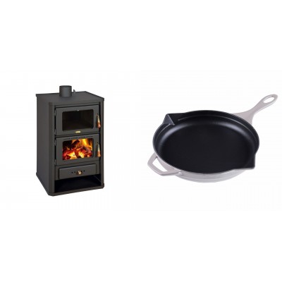 Set Kaminofen, Holzofen mit Backfach Prity, Modell FG, Leistung 14.2kW + Emaillierte Gusseisenpfanne Solagio, Ivory, Ф28cm - Kaminofen - Holzofen mit Backfach