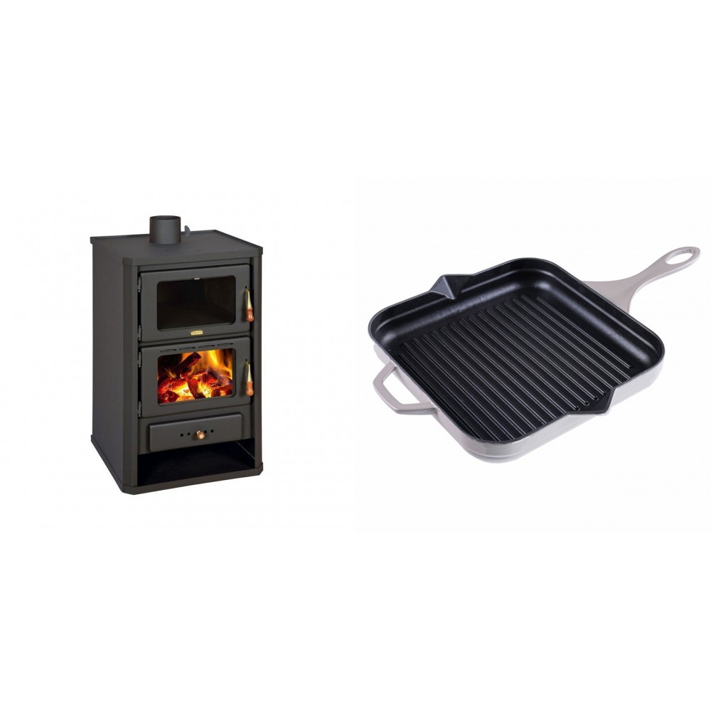 Set Kaminofen, Holzofen mit Backfach Prity, Modell FG, Leistung 14.2kW + Emaillierte grillpfanne Gusseisen Solagio, Ivory, 28x28cm