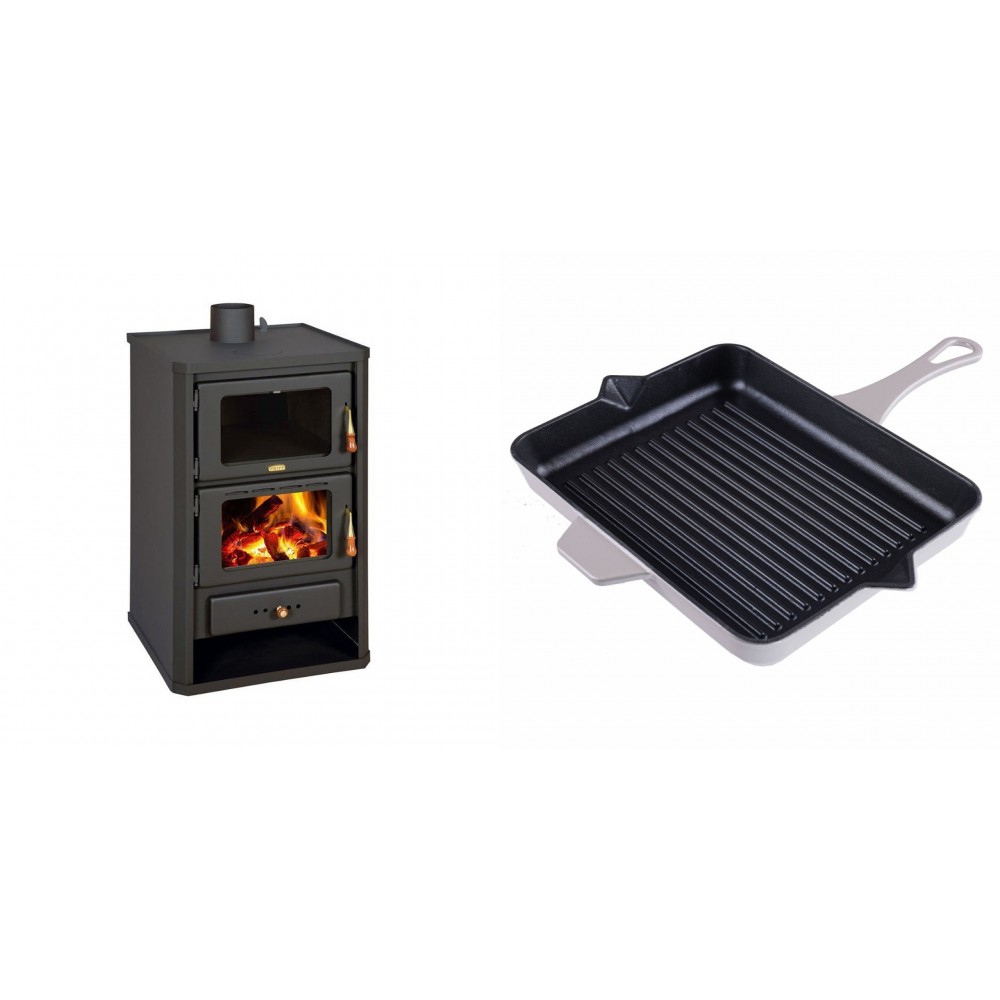 Set Kaminofen, Holzofen mit Backfach Prity, Modell FG, Leistung 14.2kW + Emaillierte grillpfanne Gusseisen Solagio, Ivory, 26x32cm | Holzofen | Kaminofen |