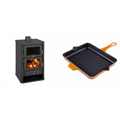 Set Kaminofen, Holzofen mit Backfach Prity, Modell FG, Leistung 14.2kW + Emaillierte grillpfanne Gusseisen Solagio, Dijon, 26x32cm - Kaminofen - Holzofen mit Backfach