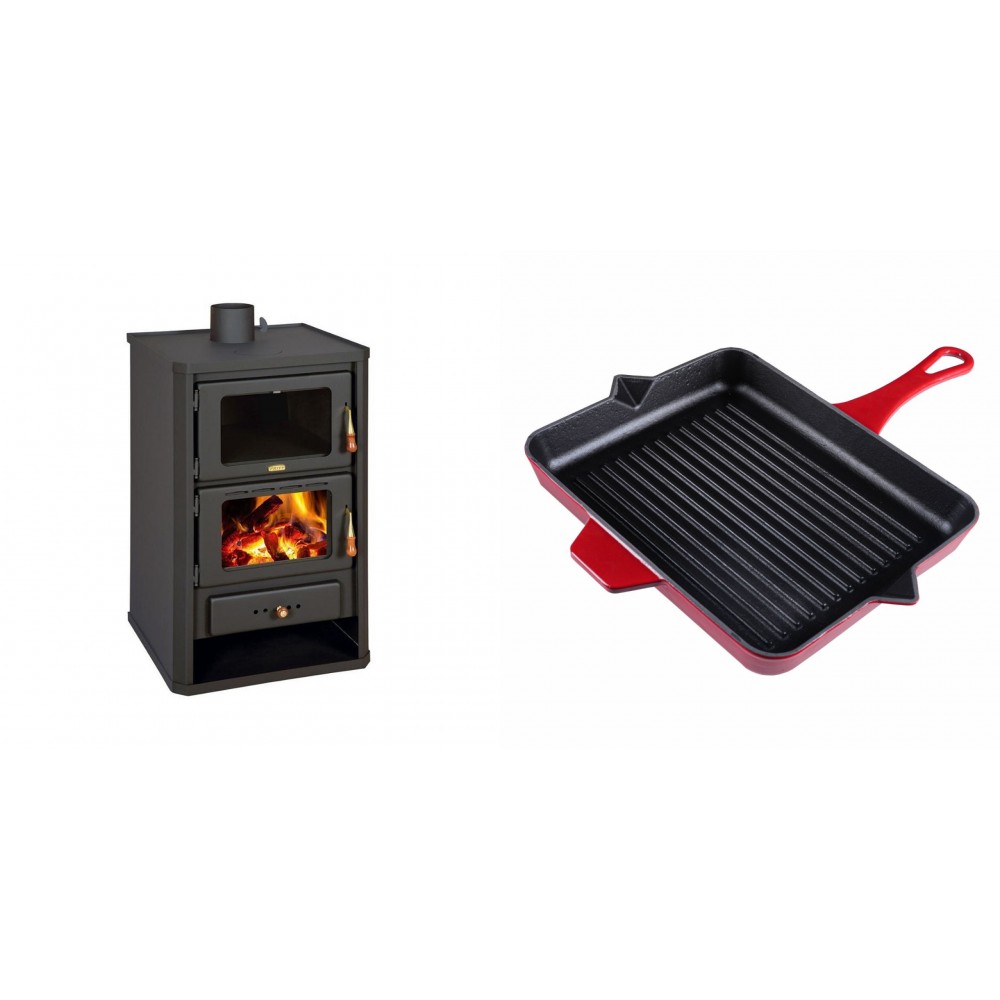 Set Kaminofen, Holzofen mit Backfach Prity, Modell FG, Leistung 14.2kW + Emaillierte grillpfanne Gusseisen Solagio, Rubin, 26x32cm | Holzofen | Kaminofen |