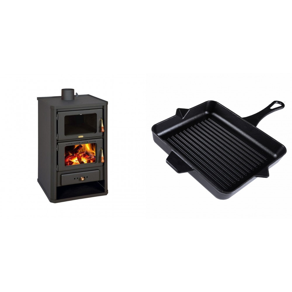 Set Kaminofen, Holzofen mit Backfach Prity, Modell FG, Leistung 14.2kW + Emaillierte grillpfanne Gusseisen Solagio, Black Onyx, 26x32cm