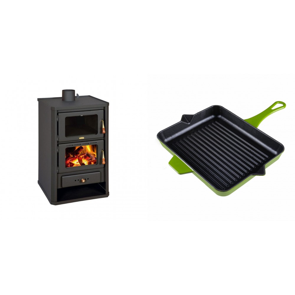 Set Kaminofen, Holzofen mit Backfach Prity, Modell FG, Leistung 14.2kW + Emaillierte grillpfanne Gusseisen Solagio, Bamboo, 26x32cm