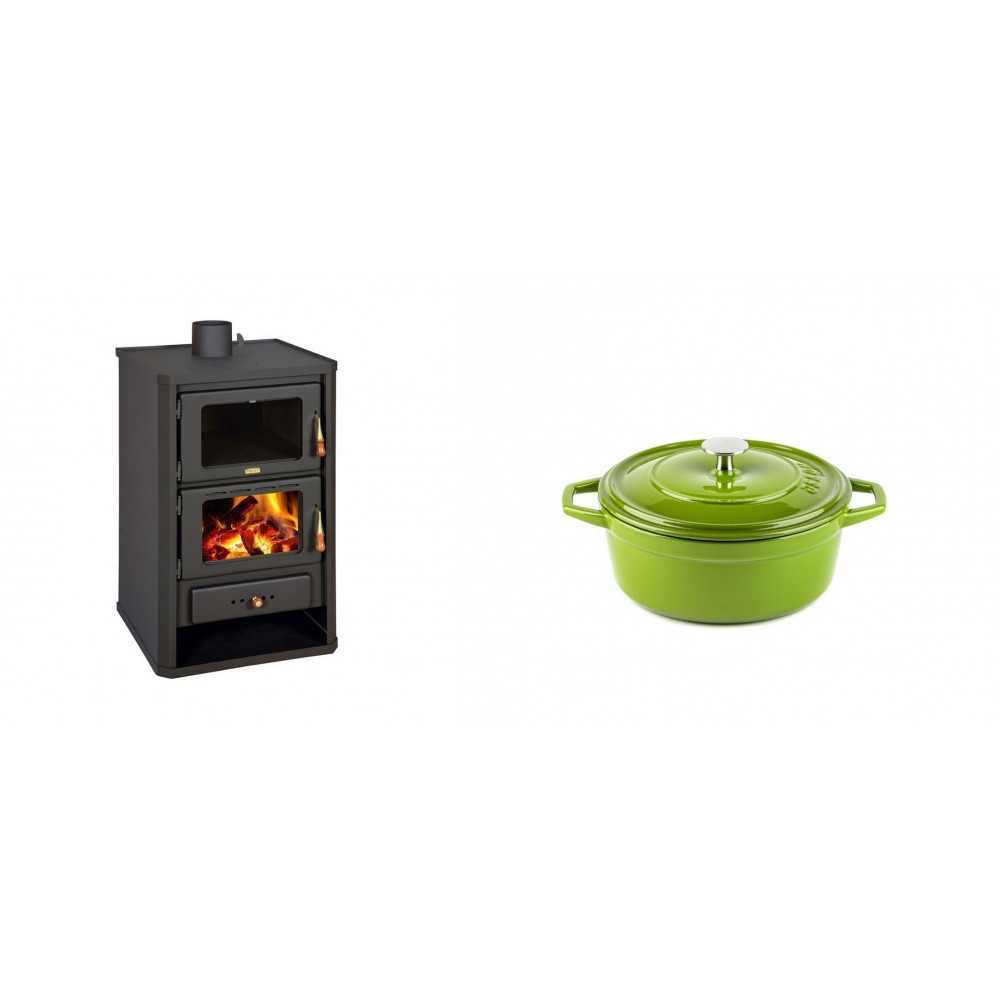 Set Kaminofen, Holzofen mit Backfach Prity, Modell FG, Leistung 14.2kW + Gusseisen Topf Tiefer Solagio, Bamboo, Ф12