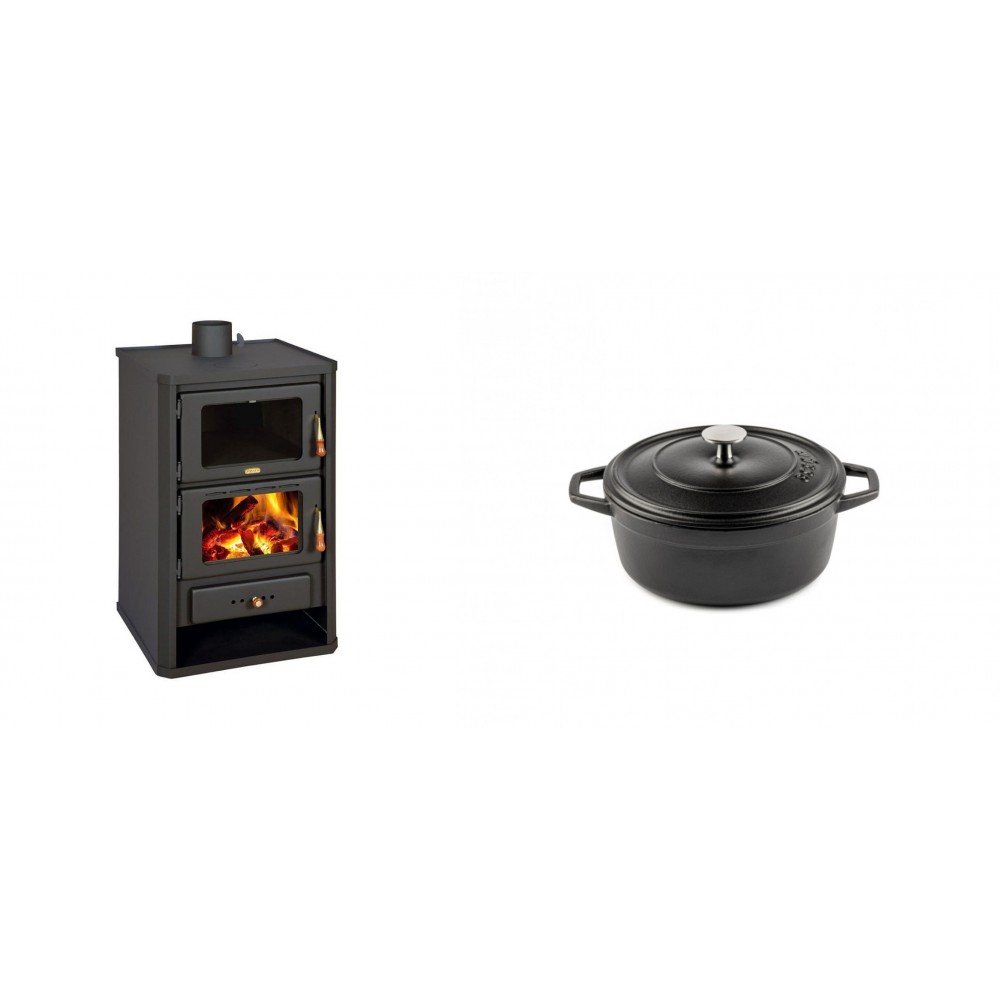 Set Kaminofen, Holzofen mit Backfach Prity, Modell FG, Leistung 14.2kW + Gusseisen Topf Tiefer Solagio, Black Onyx, Ф12 | Holzofen | Kaminofen |