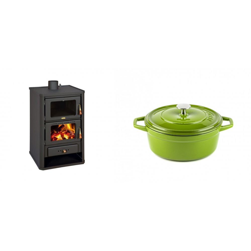 Set Kaminofen, Holzofen mit Backfach Prity, Modell FG, Leistung 14.2kW + Gusseisen Topf Tiefer Solagio, Bamboo, Ф20 | Holzofen | Kaminofen |