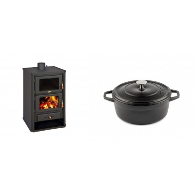 Set Kaminofen, Holzofen mit Backfach Prity, Modell FG, Leistung 14.2kW + Gusseisen Topf Tiefer Solagio, Black Onyx, Ф20 - Kaminofen - Holzofen mit Backfach