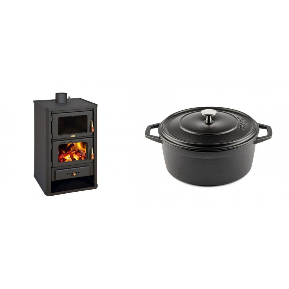 Set Kaminofen, Holzofen mit Backfach Prity, Modell FG, Leistung 14.2kW + Gusseisen Topf Tiefer Solagio, Black Onyx, Ф24