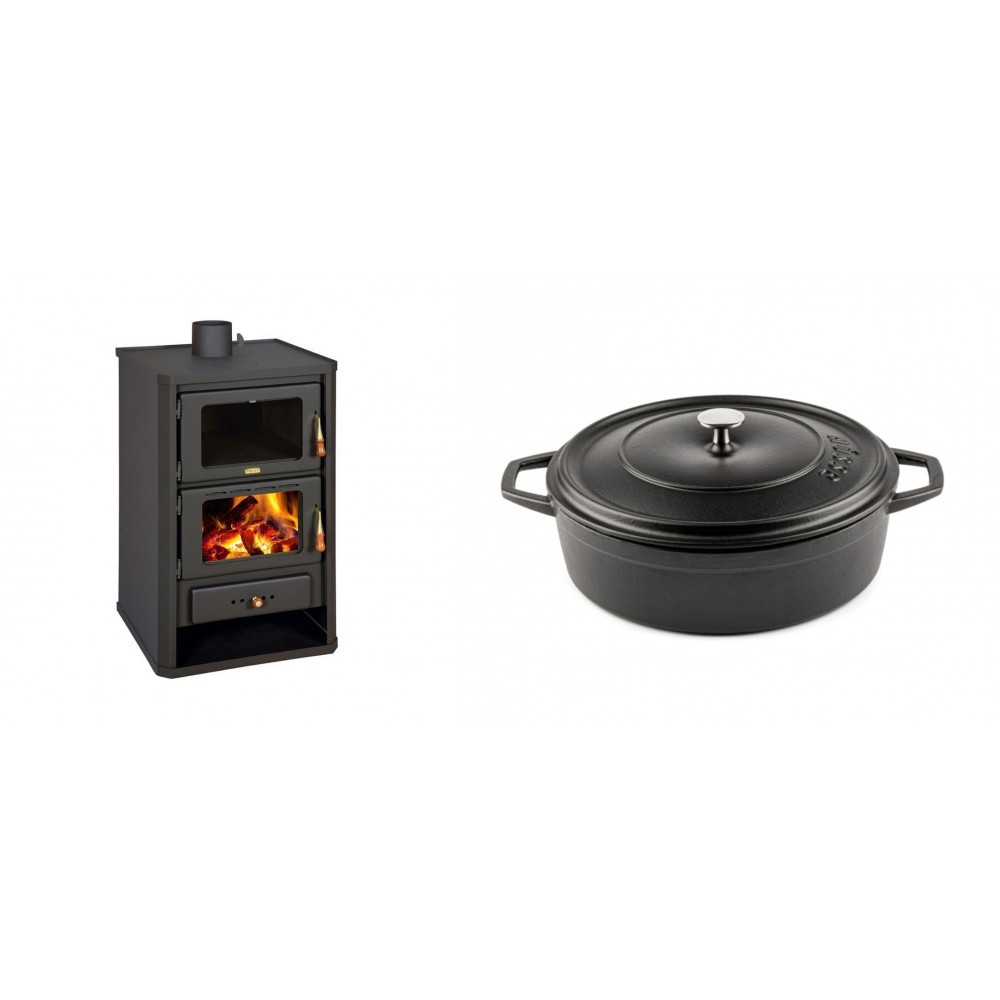 Set Kaminofen, Holzofen mit Backfach Prity, Modell FG, Leistung 14.2kW + Gusseisen Topf Flach Solagio, Black Onyx, Ф26 | Holzofen | Kaminofen |