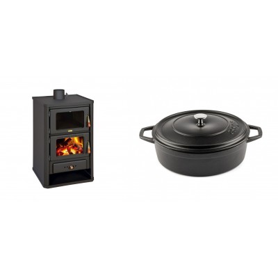 Set Kaminofen, Holzofen mit Backfach Prity, Modell FG, Leistung 14.2kW + Gusseisen Topf Flach Solagio, Black Onyx, Ф26 - Kaminofen - Holzofen mit Backfach