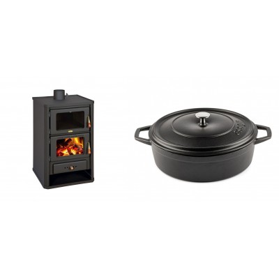 Set Kaminofen, Holzofen mit Backfach Prity, Modell FG, Leistung 14.2kW + Gusseisen Topf Flach Solagio, Black Onyx, Ф28 - Kaminofen - Holzofen mit Backfach