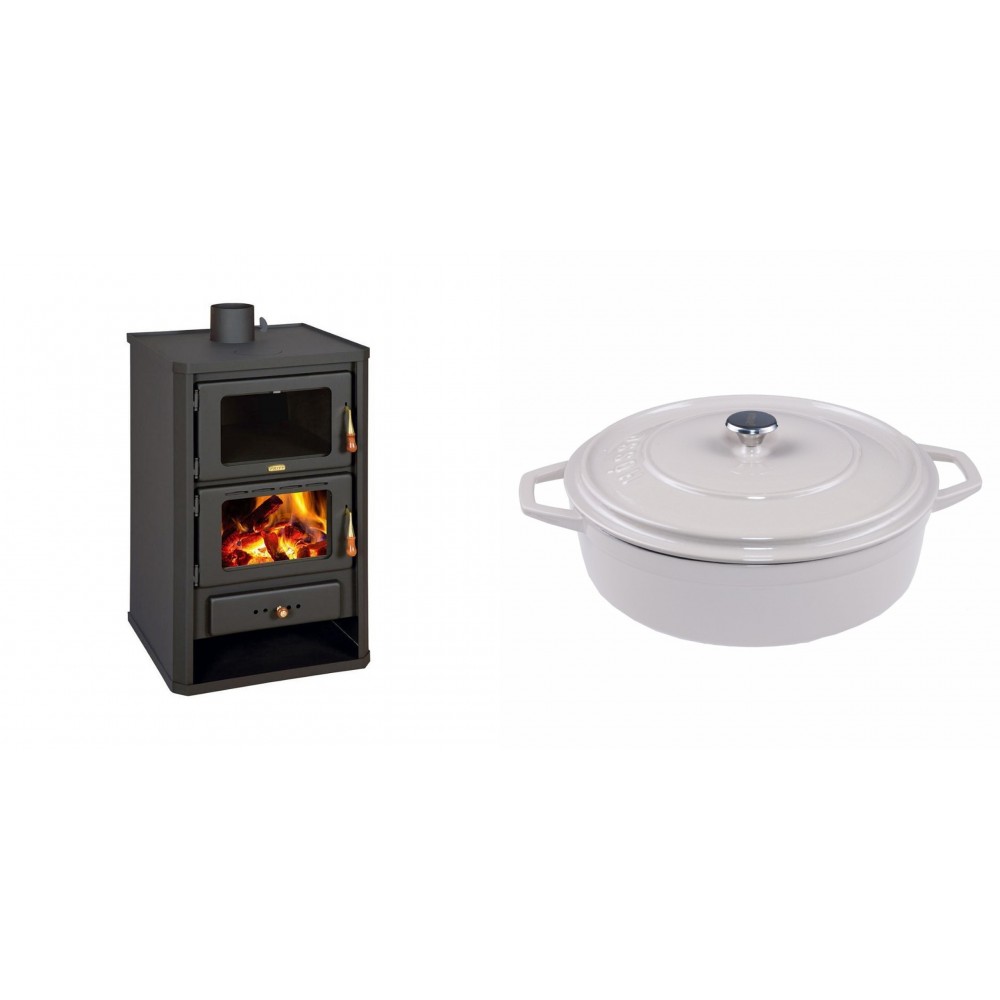 Set Kaminofen, Holzofen mit Backfach Prity, Modell FG, Leistung 14.2kW + Gusseisen Topf Flach Solagio, Ivory, Ф28