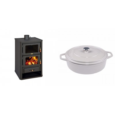 Set Kaminofen, Holzofen mit Backfach Prity, Modell FG, Leistung 14.2kW + Gusseisen Topf Flach Solagio, Ivory, Ф28 - Kaminofen - Holzofen mit Backfach