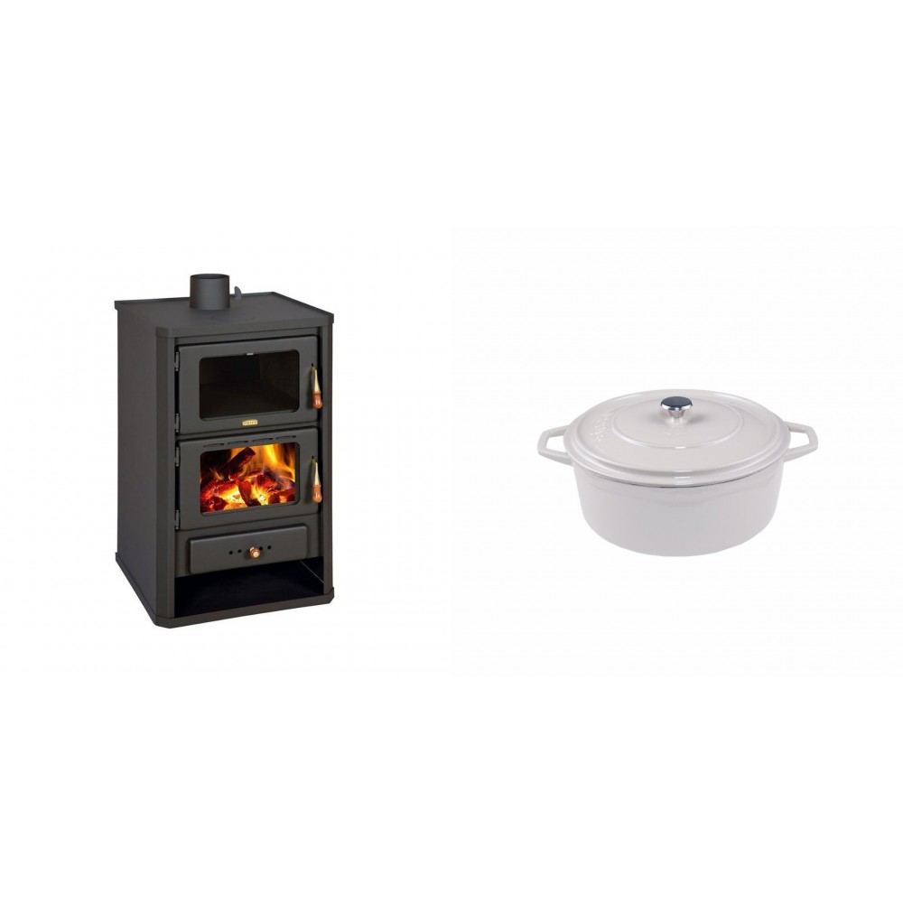 Set Kaminofen, Holzofen mit Backfach Prity, Modell FG, Leistung 14.2kW + Gusseisen Topf Tiefer Solagio, Ivory, Ф12