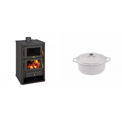 Set Kaminofen, Holzofen mit Backfach Prity, Modell FG, Leistung 14.2kW + Gusseisen Topf Tiefer Solagio, Ivory, Ф12 - Kaminofen - Holzofen mit Backfach