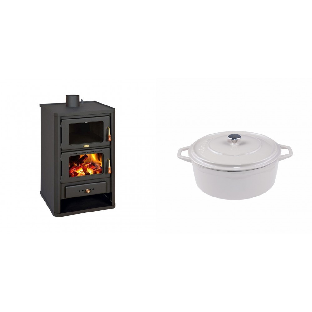 Set Kaminofen, Holzofen mit Backfach Prity, Modell FG, Leistung 14.2kW + Gusseisen Topf Tiefer Solagio, Ivory, Ф20