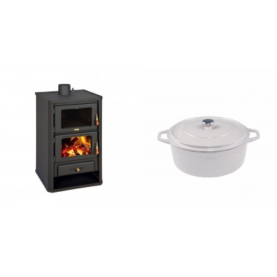 Set Kaminofen, Holzofen mit Backfach Prity, Modell FG, Leistung 14.2kW + Gusseisen Topf Tiefer Solagio, Ivory, Ф20 - Kaminofen - Holzofen mit Backfach