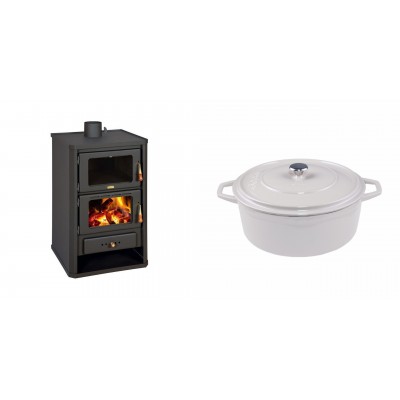 Set Kaminofen, Holzofen mit Backfach Prity, Modell FG, Leistung 14.2kW + Gusseisen Topf Tiefer Solagio, Ivory, Ф24 - Kaminofen - Holzofen mit Backfach