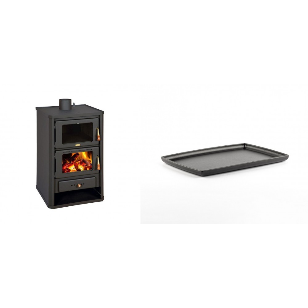 Set Kaminofen, Holzofen mit Backfach Prity, Modell FG, Leistung 14.2kW + Rechteckige Servierplatte aus Gusseisen Solagio, 21x31cm