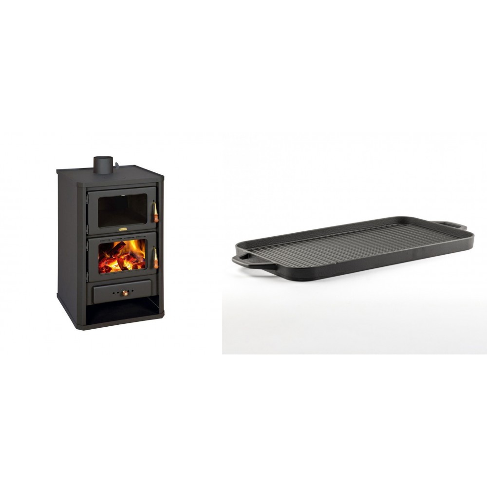 Set Kaminofen, Holzofen mit Backfach Prity, Modell FG, Leistung 14.2kW + Große Grillplatte aus Gusseisen Solagio, 25x44cm