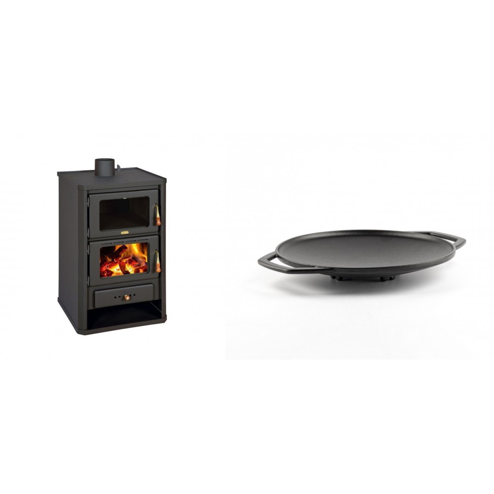 Set Kaminofen, Holzofen mit Backfach Prity, Modell FG, Leistung 14.2kW + Backplatte aus Gusseisen Solagio, Ф28cm
