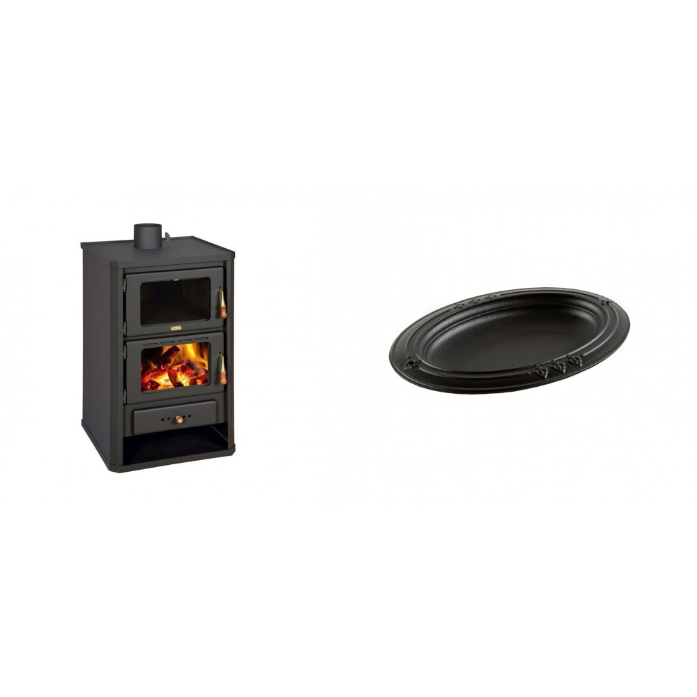 Set Kaminofen, Holzofen mit Backfach Prity, Modell FG, Leistung 14.2kW + Gusseiserne auflaufform Solagio oval, 25x33cm | Holzofen | Kaminofen |