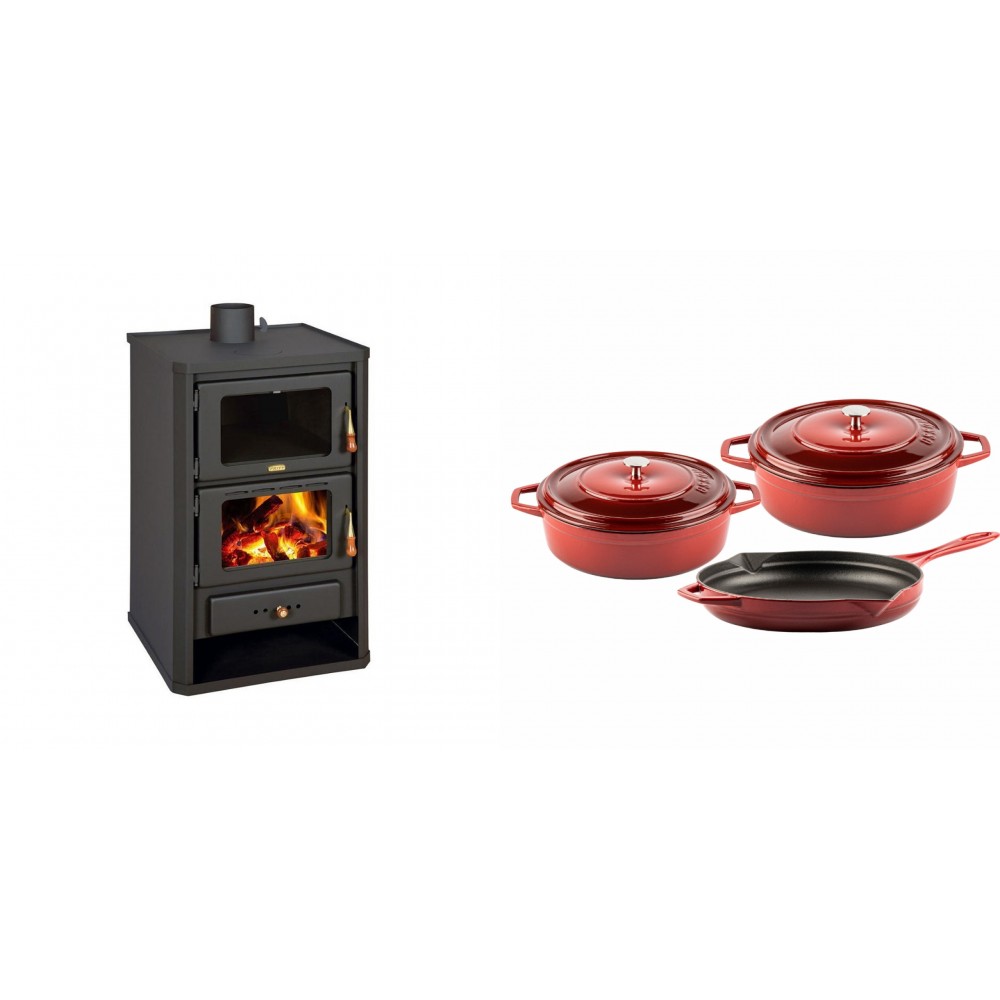 Set Kaminofen, Holzofen mit Backfach Prity, Modell FG, Leistung 14.2kW + Gusseisen Topf Set aus 3 teilen Solagio, Rubin