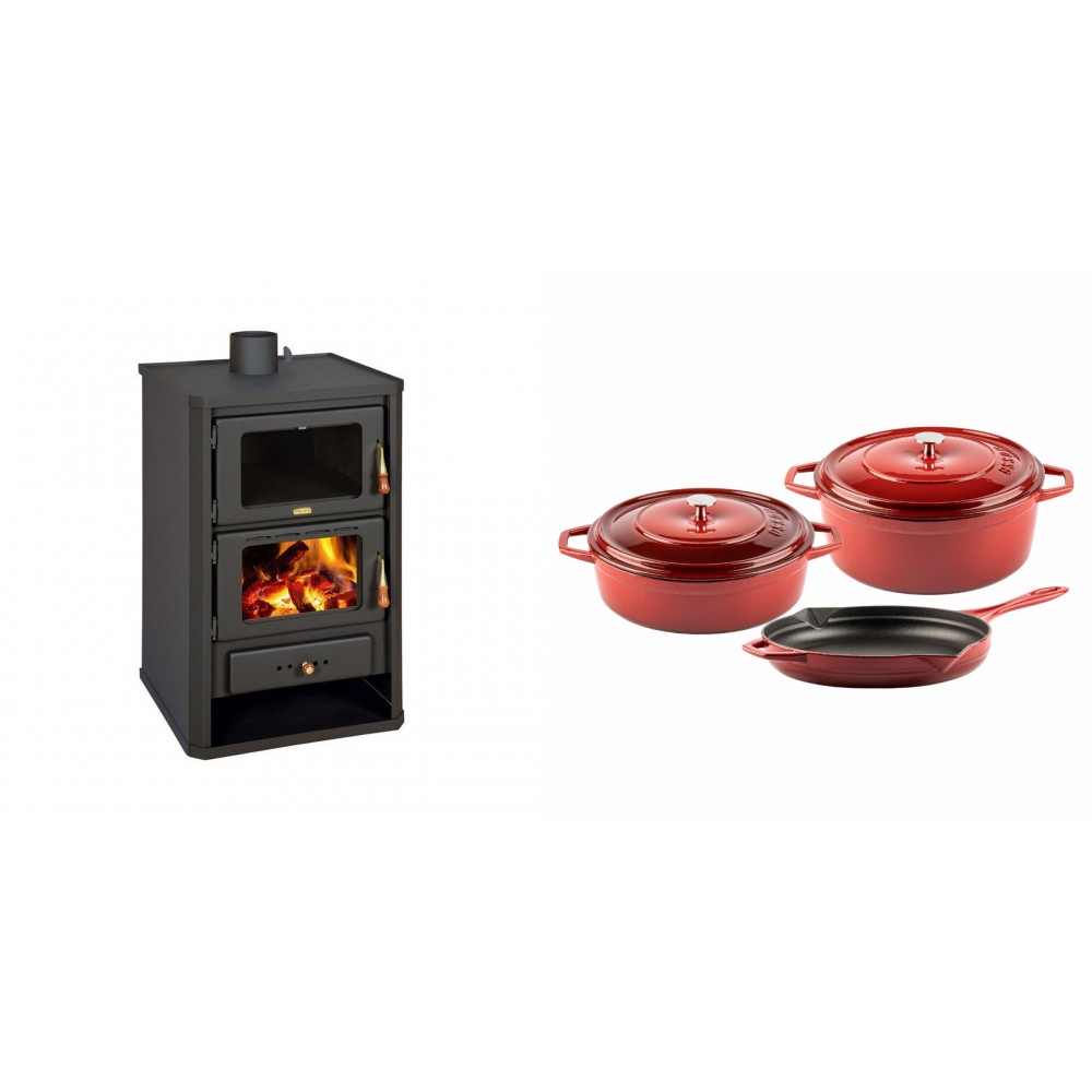 Set Kaminofen, Holzofen mit Backfach Prity, Modell FG, Leistung 14.2kW + Gusseisen Topf Set aus 3 teilen Solagio, Rubin