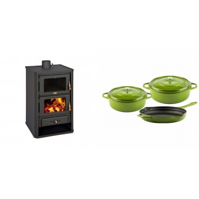 Set Kaminofen, Holzofen mit Backfach Prity, Modell FG, Leistung 14.2kW + Gusseisen Topf Set aus 3 teilen Solagio, Bamboo - Kaminofen - Holzofen mit Backfach