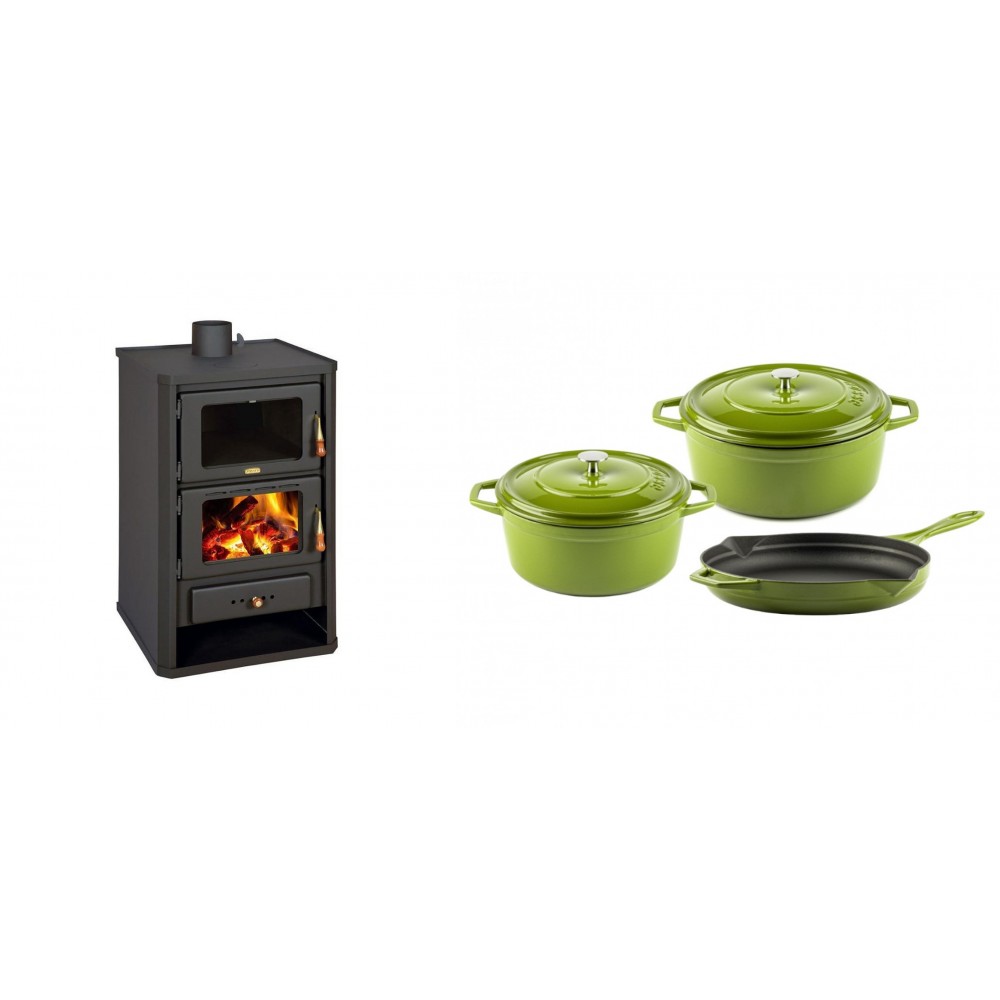 Set Kaminofen, Holzofen mit Backfach Prity, Modell FG, Leistung 14.2kW + Gusseisen Topf Set aus 3 teilen Solagio, Bamboo | Holzofen | Kaminofen |