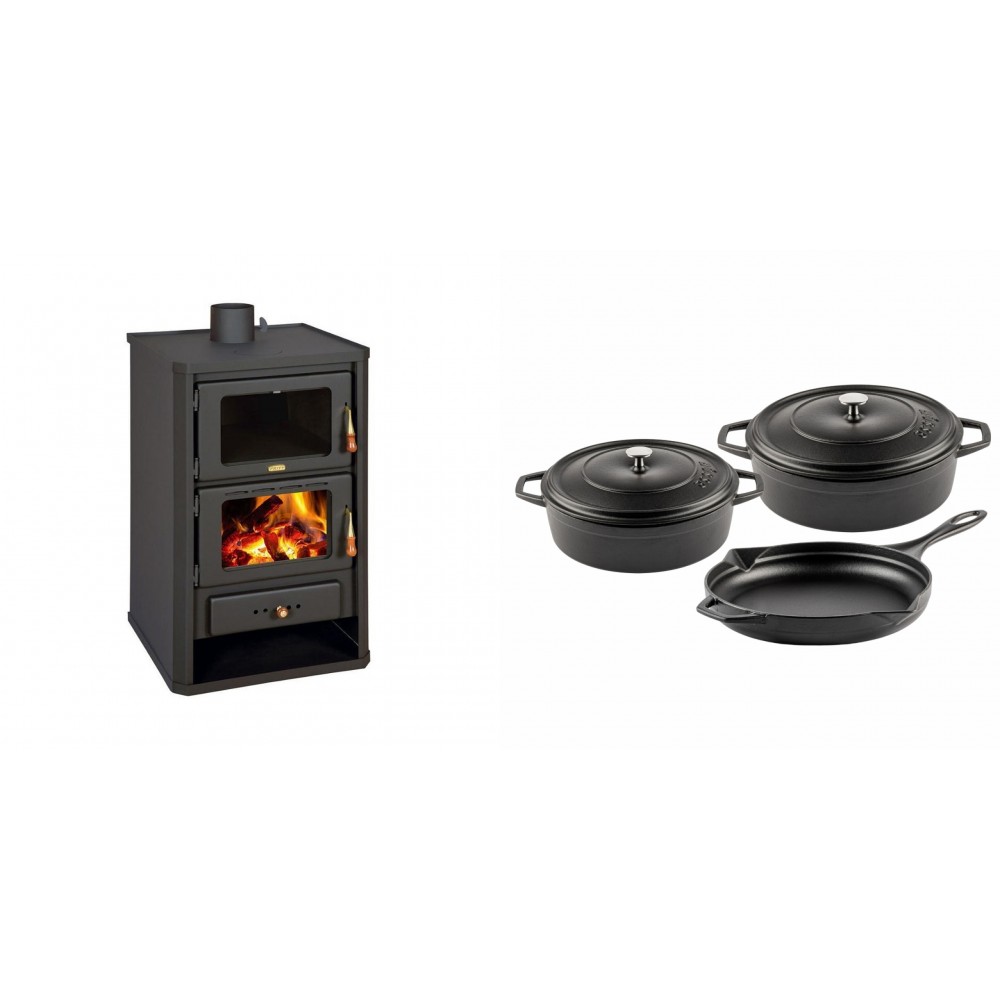 Set Kaminofen, Holzofen mit Backfach Prity, Modell FG, Leistung 14.2kW + Gusseisen Topf Set aus 3 teilen Solagio, Black Onyx