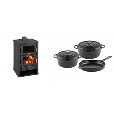 Set Kaminofen, Holzofen mit Backfach Prity, Modell FG, Leistung 14.2kW + Gusseisen Topf Set aus 3 teilen Solagio, Black Onyx - Kaminofen - Holzofen mit Backfach