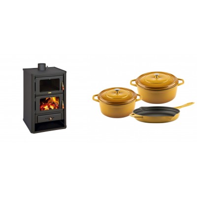 Set Kaminofen, Holzofen mit Backfach Prity, Modell FG, Leistung 14.2kW + Gusseisen Topf Set aus 3 teilen Solagio, Dijon - Kaminofen - Holzofen mit Backfach