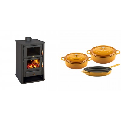 Set Kaminofen, Holzofen mit Backfach Prity, Modell FG, Leistung 14.2kW + Gusseisen Topf Set aus 3 teilen Solagio, Dijon - Kaminofen - Holzofen mit Backfach