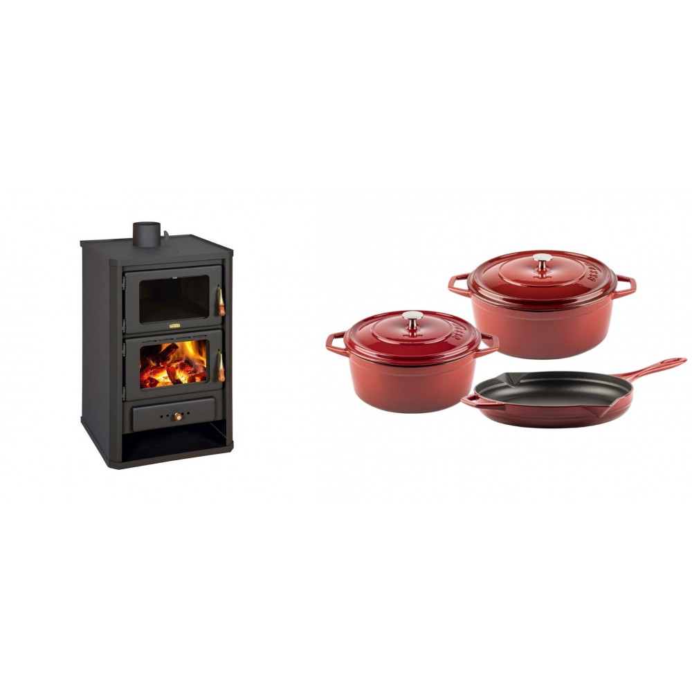 Set Kaminofen, Holzofen mit Backfach Prity, Modell FG, Leistung 14.2kW + Gusseisen Topf Set aus 3 teilen Solagio, Rubin | Holzofen | Kaminofen |