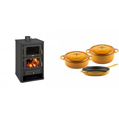 Set Kaminofen, Holzofen mit Backfach Prity, Modell FG, Leistung 14.2kW + Gusseisen Topf Set aus 3 teilen Solagio, Dijon - Kaminofen - Holzofen mit Backfach