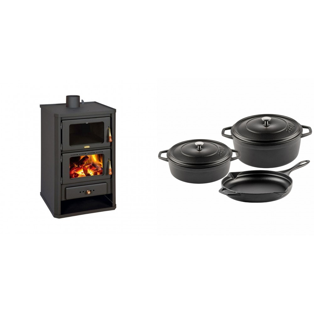 Set Kaminofen, Holzofen mit Backfach Prity, Modell FG, Leistung 14.2kW + Gusseisen Topf Set aus 3 teilen Solagio, Black Onyx | Holzofen | Kaminofen |