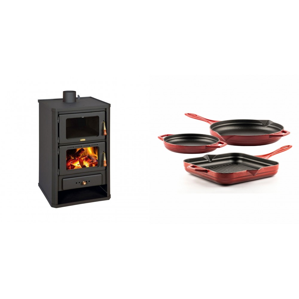 Set Kaminofen, Holzofen mit Backfach Prity, Modell FG, Leistung 14.2kW + Gusseisen Topf Set aus 3 teilen Solagio, Rubin