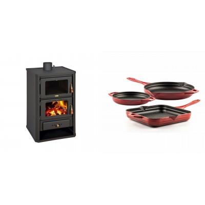 Set Kaminofen, Holzofen mit Backfach Prity, Modell FG, Leistung 14.2kW + Gusseisen Topf Set aus 3 teilen Solagio, Rubin - Kaminofen - Holzofen mit Backfach