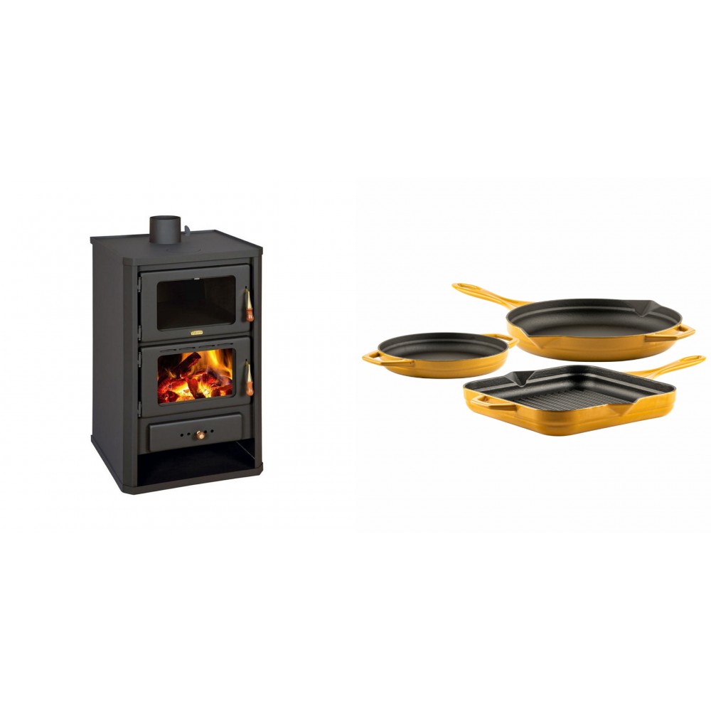 Set Kaminofen, Holzofen mit Backfach Prity, Modell FG, Leistung 14.2kW + Gusseisen Topf Set aus 3 teilen Solagio, Dijon