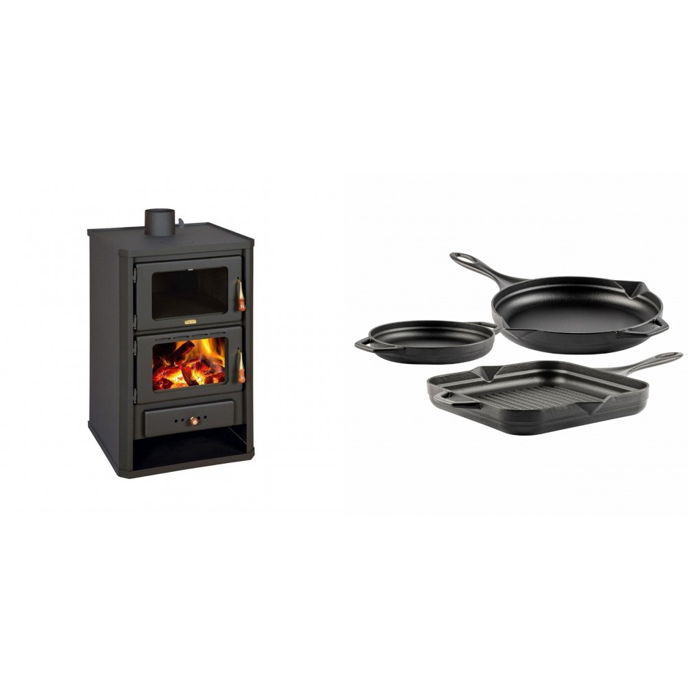 Set Kaminofen, Holzofen mit Backfach Prity, Modell FG, Leistung 14.2kW + Gusseisen Topf Set aus 3 teilen Solagio, Black Onyx | Holzofen | Kaminofen |