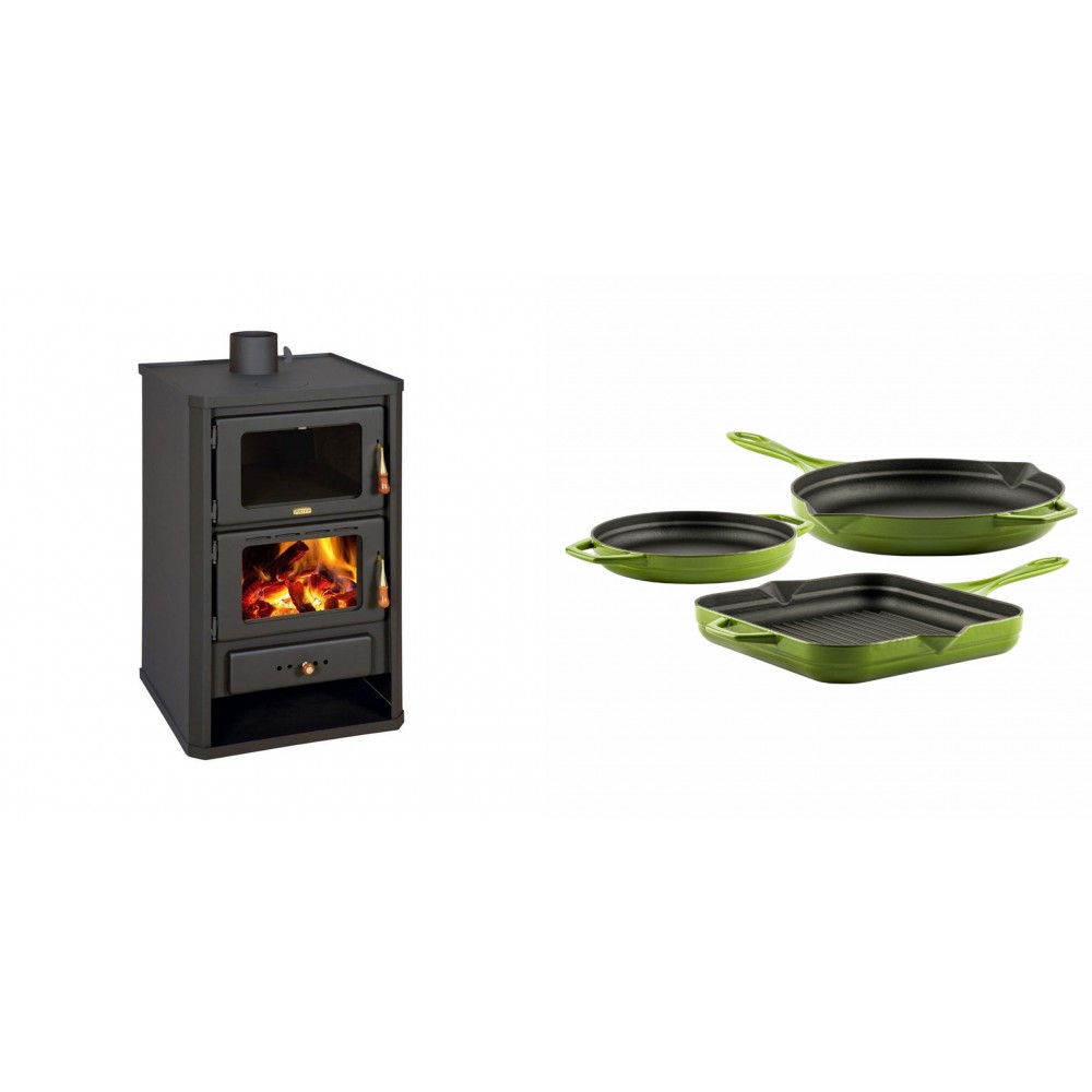 Set Kaminofen, Holzofen mit Backfach Prity, Modell FG, Leistung 14.2kW + Gusseisen Topf Set aus 3 teilen Solagio, Bamboo