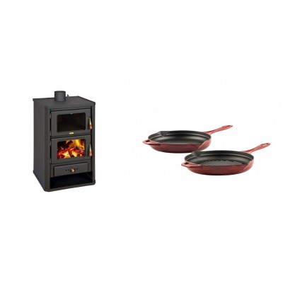 Set Kaminofen, Holzofen mit Backfach Prity, Modell FG, Leistung 14.2kW + Gusseisen Topf Set aus 2 teilen Solagio, Rubin - Kaminofen - Holzofen mit Backfach