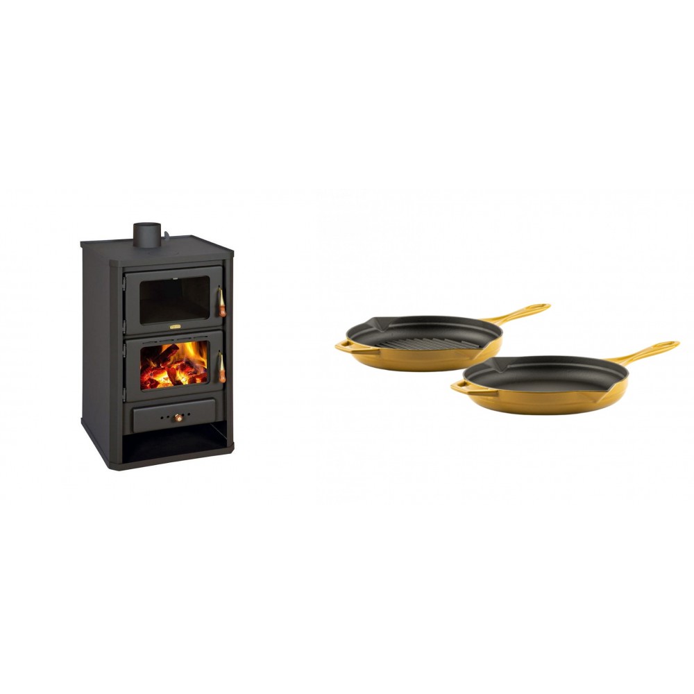 Set Kaminofen, Holzofen mit Backfach Prity, Modell FG, Leistung 14.2kW + Gusseisen Topf Set aus 2 teilen Solagio, Dijon