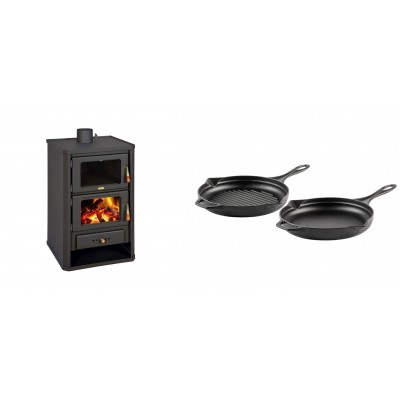Set Kaminofen, Holzofen mit Backfach Prity, Modell FG, Leistung 14.2kW + Gusseisen Topf Set aus 2 teilen Solagio, Black Onyx - Kaminofen - Holzofen mit Backfach