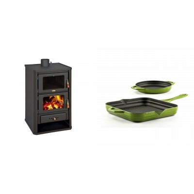 Set Kaminofen, Holzofen mit Backfach Prity, Modell FG, Leistung 14.2kW + Gusseisen Topf Set aus 2 teilen Solagio, Bamboo - Kaminofen - Holzofen mit Backfach