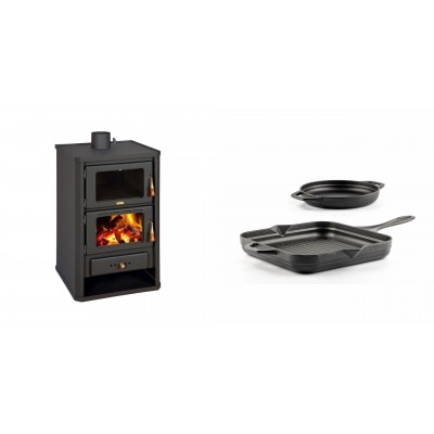 Set Kaminofen, Holzofen mit Backfach Prity, Modell FG, Leistung 14.2kW + Gusseisen Topf Set aus 2 teilen Solagio, Black Onyx - Kaminofen - Holzofen mit Backfach