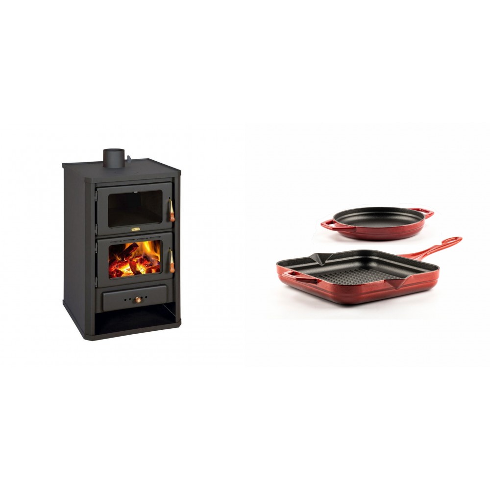 Set Kaminofen, Holzofen mit Backfach Prity, Modell FG, Leistung 14.2kW + Gusseisen Topf Set aus 2 teilen Solagio, Rubin