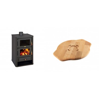 Set Kaminofen, Holzofen mit Backfach Prity, Modell FG, Leistung 14.2kW + Holz untersetzer für Gusseisenplatte Solagio HSYSAK28 - Kaminofen - Holzofen mit Backfach