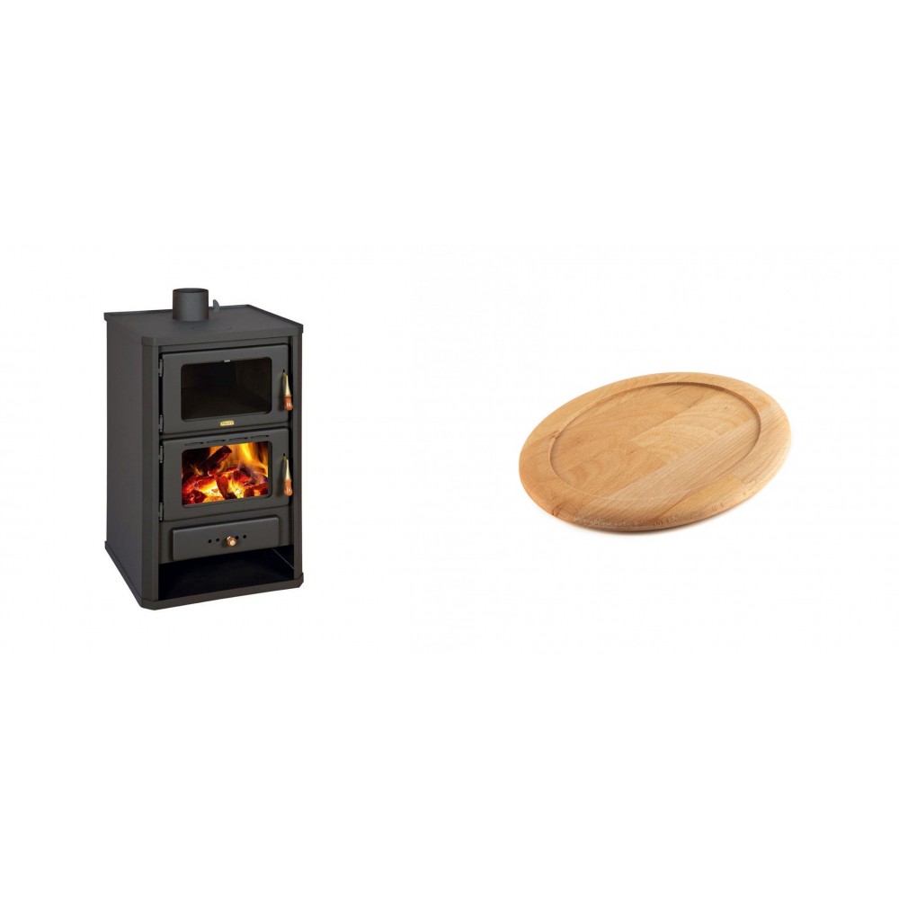 Set Kaminofen, Holzofen mit Backfach Prity, Modell FG, Leistung 14.2kW + Holz untersetzer für ovale gusseisenpfanne Solagio HSFT1825